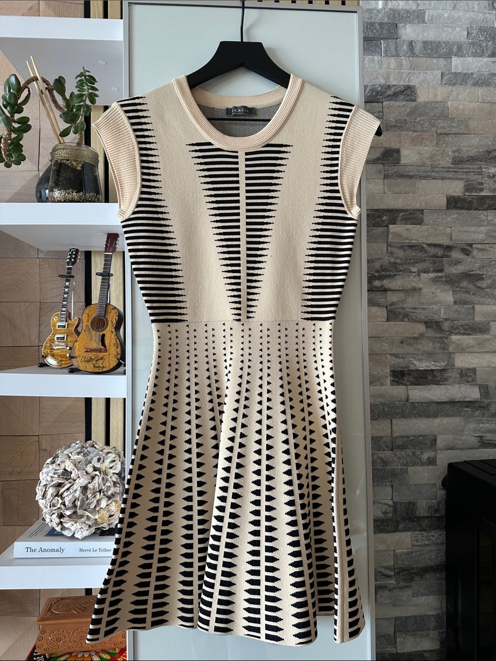 Gracia Cream and Black Geometric Knit Midi Dress